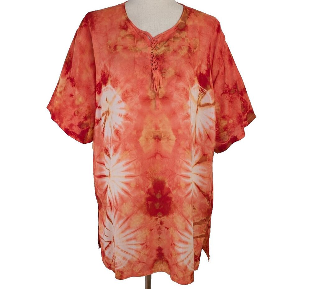 Nf Plus Size 100% Rayon Orange Tie Dye Pullover Tunic Top